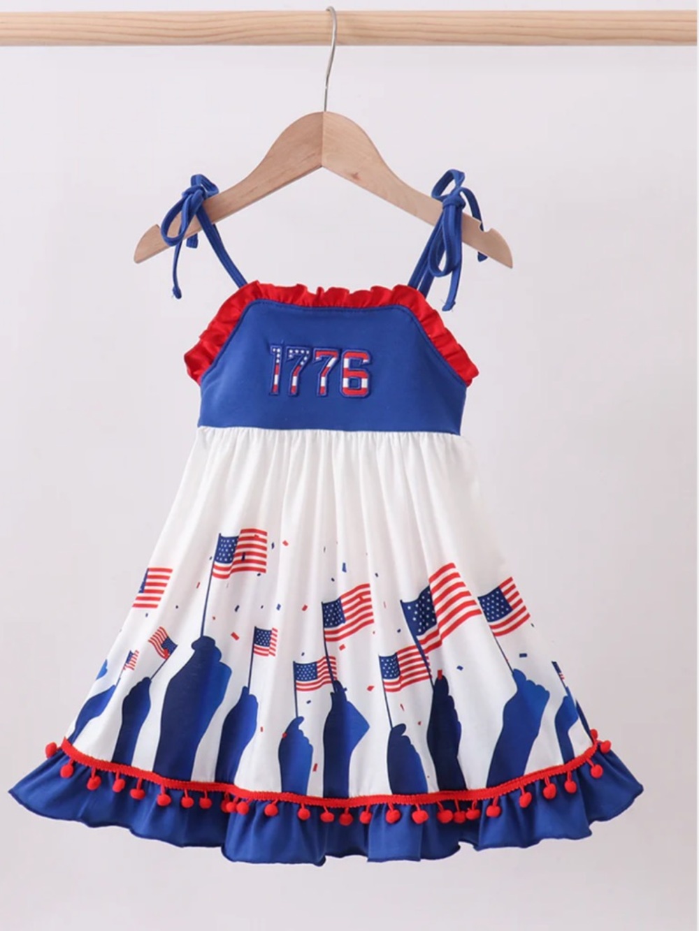 Girls Patriotic 1776 Red White & Blue Flag Embroidered Ruffle Sundress 2T 3T 5 7
